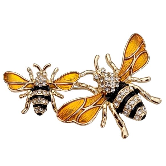 Napier Gold-Tone Clear Rhinestone Black Gold Enamel Bees Brooch, Signed K114